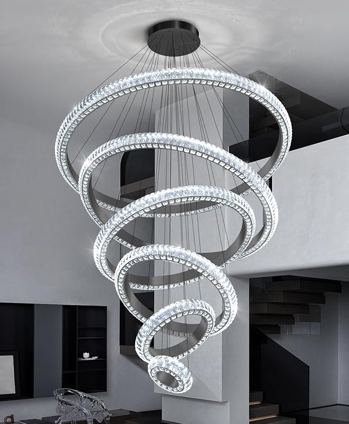 47" 6 Ring Crystal Chandelier Modern LED Dimmable Ring Pendant Light Chandelier for Dining Room Living Room Black