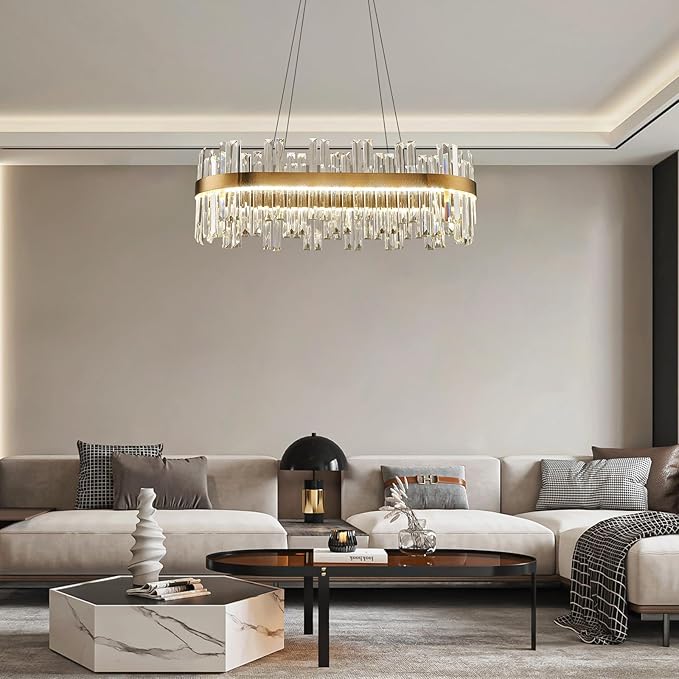 Gold Modern Crystal Led Chandelier: 39.3" Dimmable K9 Crystals Chandeliers over Table - Golden Luxury Glass Rectangle Chandelier - Height Adjustable Chandeliers with Remote for Dining Room Living Room