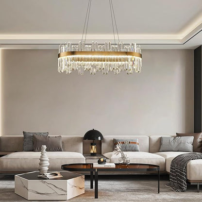 Gold Modern Crystal Led Chandelier: 39.3" Dimmable K9 Crystals Chandeliers over Table - Golden Luxury Glass Rectangle Chandelier - Height Adjustable Chandeliers with Remote for Dining Room Living Room