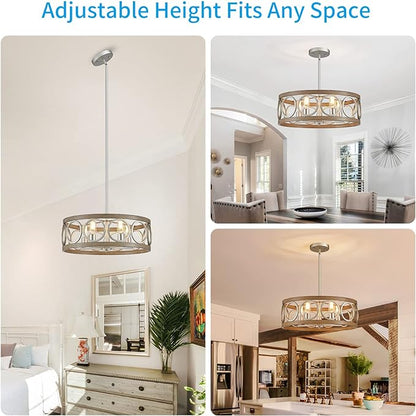 XINGQI Rustic Chandelier Brushed Nickel, Drum Chandeliers for Dining Room Modern Light Fixture Over Table Farmhouse Metal Wood Grain Pendant 5 Lights