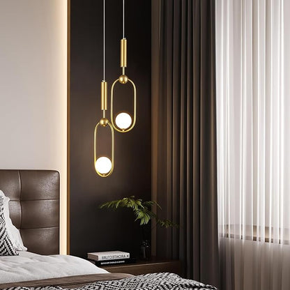 Modern Oblong Glass Pendant Light fixtures 2-Light, Simplicity Gold Pendant Lighting, Mid Century Chandelier for Kitchen Island Dining Room Bedroom Entryway Hallway(1-Pack)