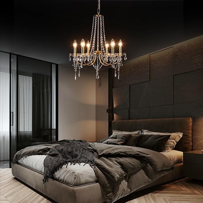 Crystal Gold Chandeliers for Dining Room, Modern Candle Crystal Brass Chandelier Light Fixture, Vintage Pendant Light for Living Room Bedroom Bathroom Entryway Hallway E12 Bulbs D19 in x H24 in