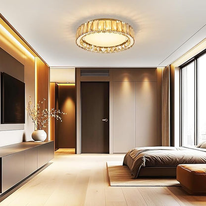 Amber Crystal Dimmable Flush Mount Ceiling Light, Gold Modern LED Close to Ceiling Light Fixture with 5CCT 2700K-6000K, Round Kitchen Lighting for Bedroom,Laundry Room, Hallway, Living room (15in 36W)