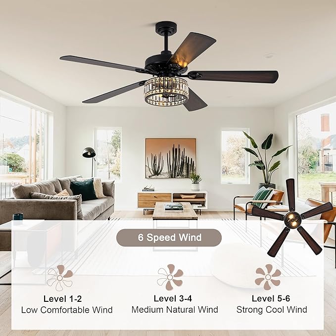 Farmhouse Ceiling Fan with Lights and Remote Large Rustic Ceiling Fan Caged Fandelier Industrial Chandelier Light, Reversible Quiet DC Motor 6 Speed for Indoor Outdoor (Crystal, 60 Inch)