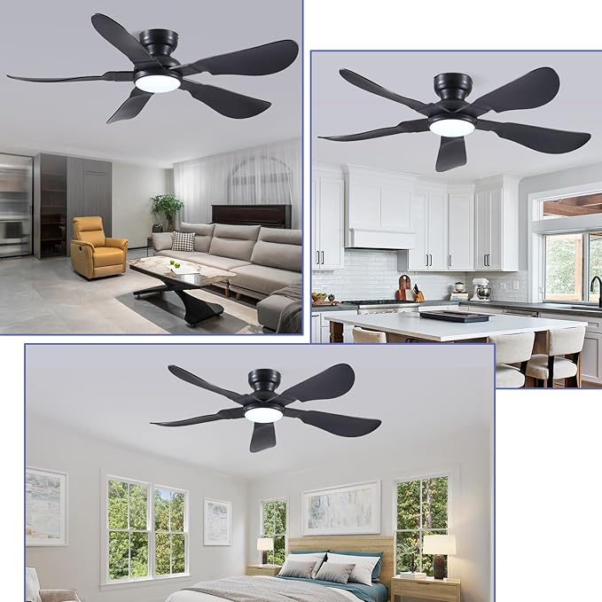 Kviflon 52 Inch Modern Ceiling Fans with Lights, Flush Mount Ceiling Fan with Light and Remote/APP Control, 5 Reversible 6 Speeds Curved Blades, 3 CCT Dimmable Lights for Bedroom, Black