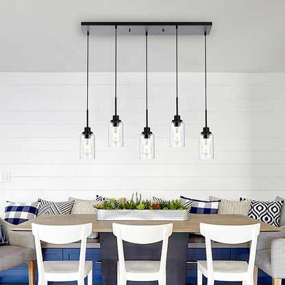 MELUCEE Black Pendant Lights for Kitchen Island, 5-Light Dining Room Light Fixtures Linear Chandeliers with Clear Glass Shade, DIY Hanging Lamp Ceiling for Dining Room Kitchen Bar