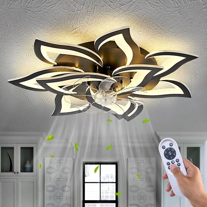 Yfrest Modern Ceiling Fan with Light and Remote, Low Profile Ceiling Fans with Lights, 32 Inch Flush Mount Ceiling Fan with 3 Light Color 6 Speeds, Fandelier Ceiling Fan for Living Room, Dining Room