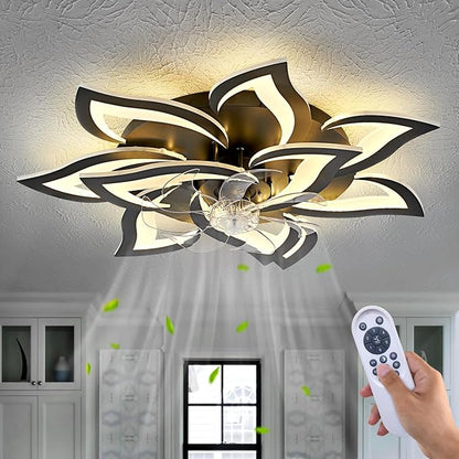 Yfrest Modern Ceiling Fan with Light and Remote, Low Profile Ceiling Fans with Lights, 32 Inch Flush Mount Ceiling Fan with 3 Light Color 6 Speeds, Fandelier Ceiling Fan for Living Room, Dining Room