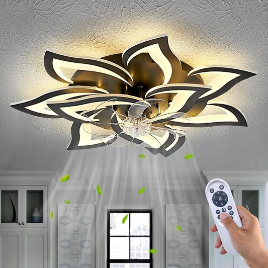 Yfrest Modern Ceiling Fan with Light and Remote, Low Profile Ceiling Fans with Lights, 32 Inch Flush Mount Ceiling Fan with 3 Light Color 6 Speeds, Fandelier Ceiling Fan for Living Room, Dining Room