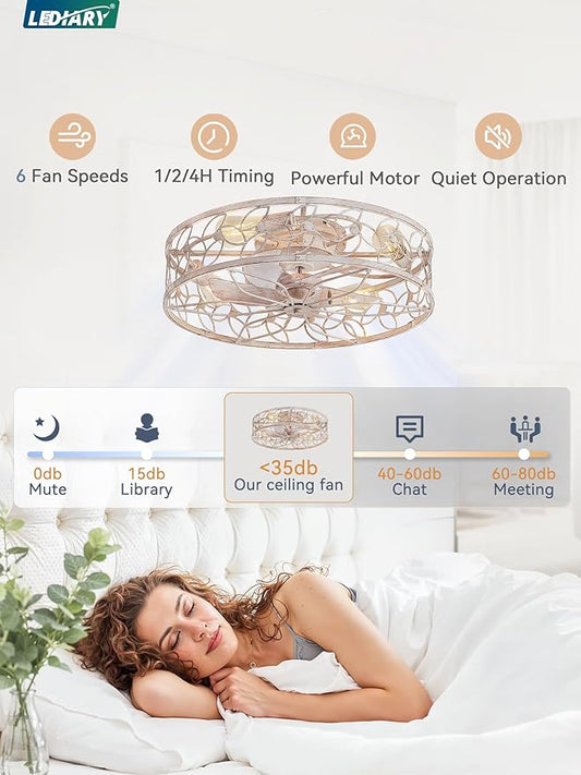 LEDIARY 23 Inch Caged Ceiling Fans with Lights, White Flush Mount Ceiling Fan with Remote&App, Large Low Profile Bladeless Ceiling Fan Light Fixture for Bedroom, Kitchen, Dining Room-White Gold Color