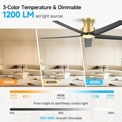 ocioc 52 inch Ceiling Fans with Lights, Large Air Volume Ceiling Fans with Reversible Quiet DC Motor and Remote（Black-Gold）