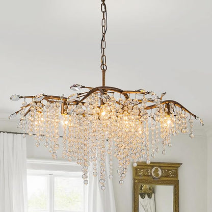 Vezzio Tree Branch Chandelier for Dining Room, 8-Light Bronze Farmhouse Crystal Light Fixture, 35" Adjustable Rustic Pendant Light for Kitchen Island Living Room Entryway Foyer