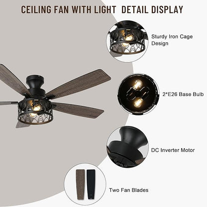 52'' Ceiling Fan with Lights, Flush Mount Farmhouse Ceiling Fan with Remote Control, 6 Speeds Reversible DC Motor, Low Profile Industrial Caged Ceiling Fan for Bedroom Living Room