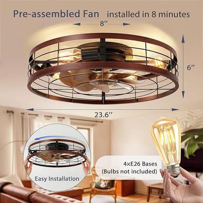VOLISUN Farmhouse Caged Ceiling Fans with Lights Flush Mount, 23.6'' Rustic Low Profile Ceiling Fan with Light and Remote, Bladeless Fandelier Ceiling Fans with Lights for Kitchen, Bedroom(Wood)