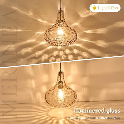 11" Amber Hammered Glass Pendant Light – Brushed Nickel Finish, Adjustable Hanging Cord, Modern Farmhouse Ceiling Light for Kitchen Island, Dining Room, Hallway