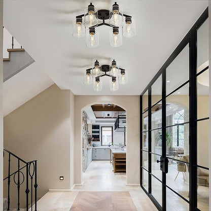 6 Light Semi Flush Mount Ceiling Light Black Kitchen Lighting Fixtures Ceiling Industrial Large Cieling Light Fixtures, with Clear Glass Shade for Dining Room Living Room Kitchen Island Farmhouse
