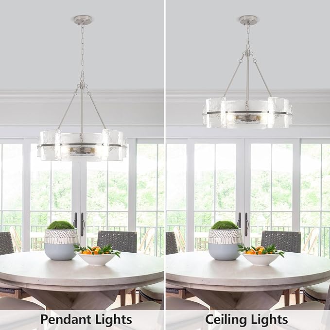 Modern Glass Dining Room Chandelier, 22 inch Brushed Nickel Drum Kitchen Island Light Fixture Luxury Textured Glass Water Ripple Crystal Chandeliers for Living Room Foyer Bedroom