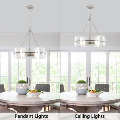 Modern Glass Dining Room Chandelier, 22 inch Brushed Nickel Drum Kitchen Island Light Fixture Luxury Textured Glass Water Ripple Crystal Chandeliers for Living Room Foyer Bedroom