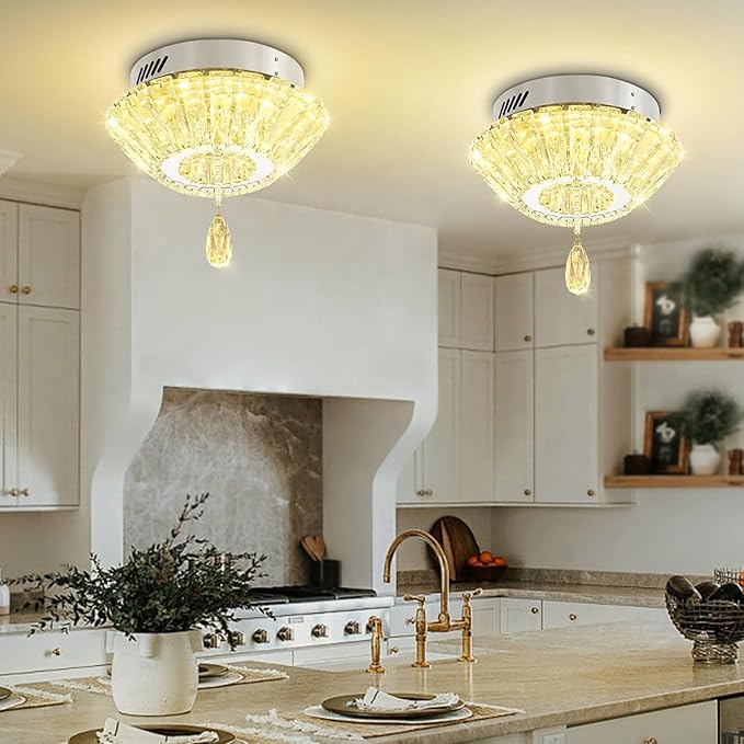 Silver 12'' LED Mini Crystal Chandelier Dimmable Flush Mount Ceiling Light for Hallway Modern Living Room Bedroom Dining Room Foyer