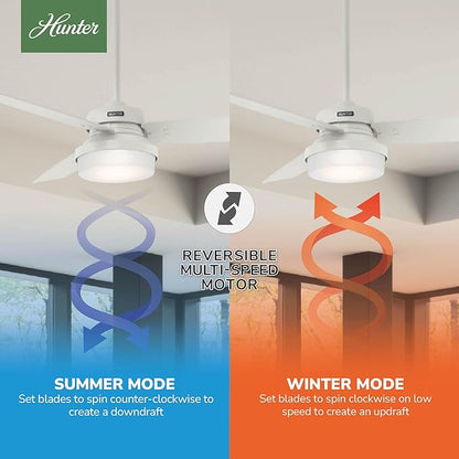 Hunter 52 inch Indoor Ceiling Fan with LED Light and Remote Control - Standard Mount White Ceiling Fan, 3 Blades, For Bedroom, Living Room, or Kitchen - Sentinel 59169, Fresh White