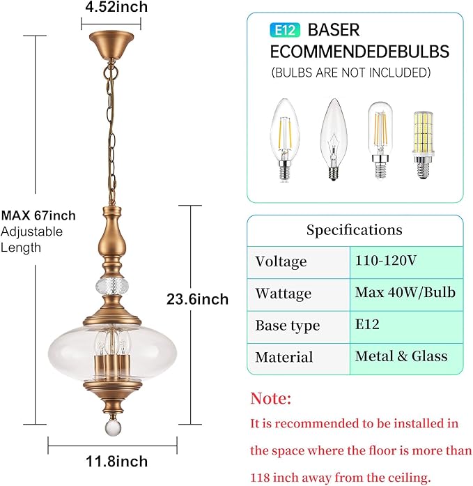 Vintage Kitchen Island Pendant Light Antique Brushed Brass Glass Chandelier for Living Room Dining Room Bedroom, W 11.8 in. H 23.6 in.