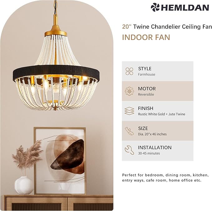 20 Inch Bohemian Empire Ceiling Fan Light 7 Blades, Remote APP Control, Adjustable Chain, Quiet Operation Ideal for Hallway, Living Room, Bedroom (Gold Metal+White Wood Bead, 20" Rustic Style)
