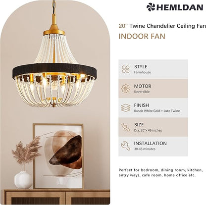 20 Inch Bohemian Empire Ceiling Fan Light 7 Blades, Remote APP Control, Adjustable Chain, Quiet Operation Ideal for Hallway, Living Room, Bedroom (Gold Metal+White Wood Bead, 20" Rustic Style)