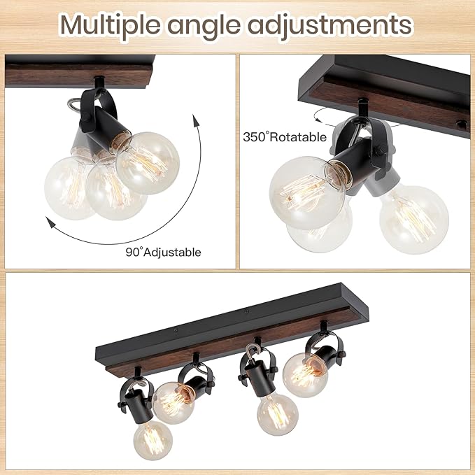 Farmhouse Wood Flush Mount Ceiling Light,Black Kitchen Track Lighting Fixtures Ceiling with Rotatable Light Heads,4 Light Track Lighting for Kitchen, Living Room, Bedroom.