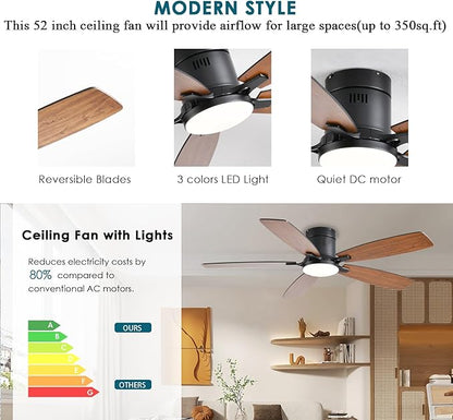 Ayaoty Ceiling Fans with Lights, 52 inch Low Profile Ceiling Fan with Light and Remote Control, Flush Mount, LED Dimmable DC Reversible Modern Ceiling Fan for Bedroom