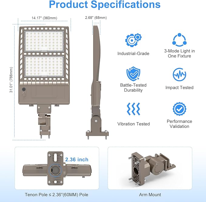 LED Parking Lot Light 400W 320W 240W Adjustable UL ETL Listed 5000K LED Street Light with Photocell 100-277V IP65 Outdoor Commercial Area Flood Security Lighting Arm Mount