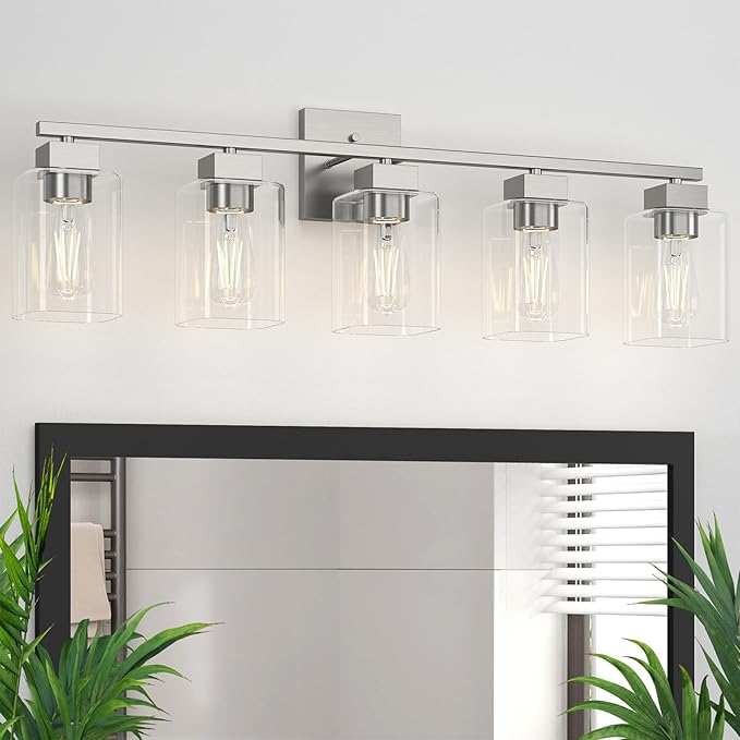 5 Light Bathroom Vanity Light - Brush Nickel Bathroom Light Fixtures Square Design & UL Certification, 31 Inch Long Light Fixtures Over Mirror for Bedroom & Restroom