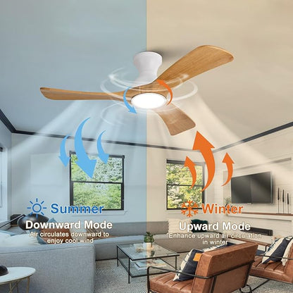 Flush Mount Ceiling Fans with Lights,42 inch,Remote Control,Wall Switch,Solid Wood Blades,Dimmable,Reversible Noiseless,Power Off Memory Modern Ceiling Fan Indoor/Outdoor for Bedroom Patios