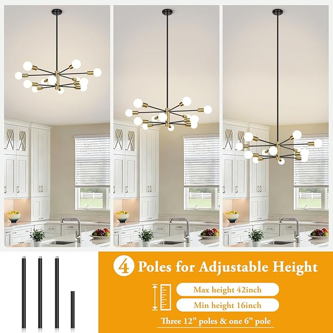 BesLowe 31'' 12-Light Modern Sputnik Chandelier, Mid Century Black & Gold Chandeliers Lighting, Farmhouse Ceiling Hanging Light Fixture for Dining Room Bedroom Room Kitchen Foyer, Height Adjustable