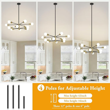BesLowe 31'' 12-Light Modern Sputnik Chandelier, Mid Century Black & Gold Chandeliers Lighting, Farmhouse Ceiling Hanging Light Fixture for Dining Room Bedroom Room Kitchen Foyer, Height Adjustable