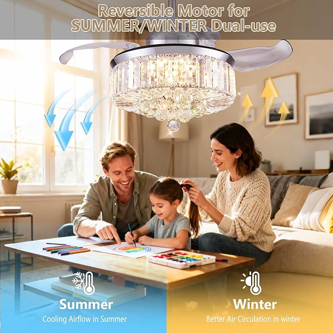 DuMaiWay 48" Dimmable Fandelier Crystal Ceiling Fan with Lights and Remote Modern Invisible Retractable Blades Chandelier Ceiling Fan Light Kit for Bedroom Living Room -Polished Chrome