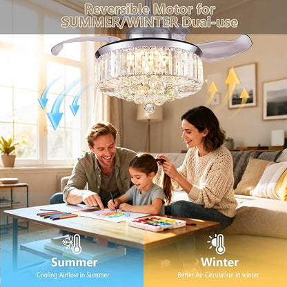 DuMaiWay 48" Dimmable Fandelier Crystal Ceiling Fan with Lights and Remote Modern Invisible Retractable Blades Chandelier Ceiling Fan Light Kit for Bedroom Living Room -Polished Chrome
