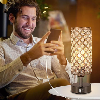 Hong-in Crystal Table Lamp,Black Lamp with USB C+A Ports, 3 Way Dimmable Light with Crystal Lampshade, Bedside Lamp Small Touch Light for Living Room Bedroom, Charge Phone (Bulb Included)