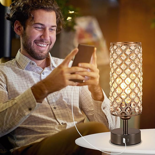Hong-in Crystal Table Lamp,Black Lamp with USB C+A Ports, 3 Way Dimmable Light with Crystal Lampshade, Bedside Lamp Small Touch Light for Living Room Bedroom, Charge Phone (Bulb Included)