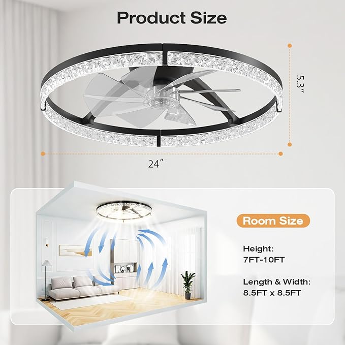 StarryEver Ceiling Fans with Lights and Remote, 24 Inch Modern Smart Ceiling Fan, 6 Speeds and 3000K-6500K Dimmable LED Fan Light, Low Profile Ceiling Fan for Bedroom, Living Room, Dining Room, Black