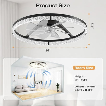 StarryEver Ceiling Fans with Lights and Remote, 24 Inch Modern Smart Ceiling Fan, 6 Speeds and 3000K-6500K Dimmable LED Fan Light, Low Profile Ceiling Fan for Bedroom, Living Room, Dining Room, Black