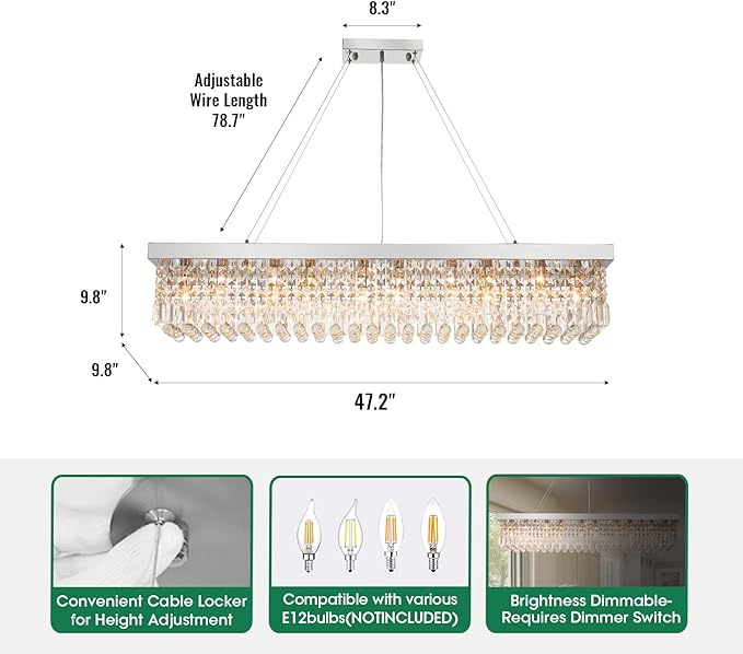 Modern Crystal Chandeliers for Dining Room Light Fixture, 10-Light Rectangle Chandelier for Kitchen Island Living Room, L47.2 Inch, Chrome Finish