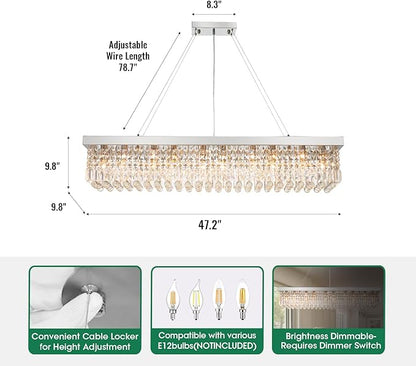 Modern Crystal Chandeliers for Dining Room Light Fixture, 10-Light Rectangle Chandelier for Kitchen Island Living Room, L47.2 Inch, Chrome Finish
