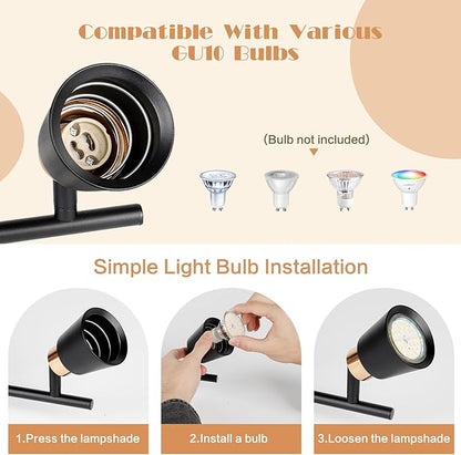 GORDNWE Track Lighting Fixtures Ceiling: LED Spot Lights Indoor 4 GU10 Flexible Heads Black Vintage Adjustable Compatible with Dimmable Bulbs Overhead Directional Lights Foldable for Kitchen Hallway