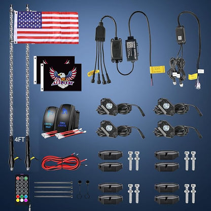 Nilight 2PCS 4FT RGB LED Whip Light with Spring Base and 4 PCS Rock Lights Combo, Remote App Control w/DIY Chasing Patterns Turn Signal Brake Reverse Antenna Lighted Whips for ATV UTV Polaris RZR Jeep