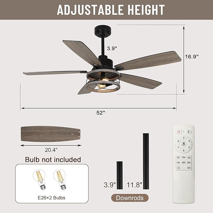 52'' Farmhouse Ceiling Fans with Lights and Remote,Chandelier Ceiling Fan with Reversible DC Motor,5 Double Colour Blades,Rustic Caged Ceiling Fan for Living Room,Dining Room,Bedroom