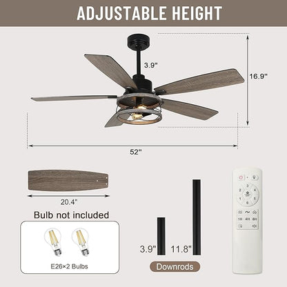 52'' Farmhouse Ceiling Fans with Lights and Remote,Chandelier Ceiling Fan with Reversible DC Motor,5 Double Colour Blades,Rustic Caged Ceiling Fan for Living Room,Dining Room,Bedroom