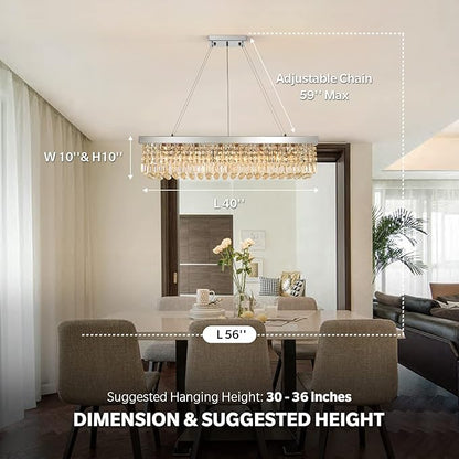 7PM Rectangle K9 Crystal Chandelier Modern Rectangular Pendant Light Fixture for Dining Room Kitchen Island Chrome L40 x W10 x H10