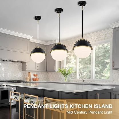Globe Pendant Lights Kitchen Island, Black and Gold 11.4 Inch Pendant Light Fixtures with Milk Globe Glass Shade, Pendant Lighting for Dining Room Cafes Restaurants Living Room