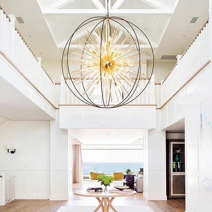 Vezzio 52" Extra Large Globe Chandelier for High Ceilings 32-Light Modern Black and Gold Modern Crystal Pendant Light Fixture for Entryway, Foyer, Stairway, Kitchen, Dining, and Living Room