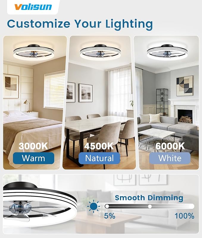 VOLISUN Low Profile Ceiling Fans with Lights and Remote, 20in Flush Mount Ceiling Fan with Light, 3000K-6500K Dimmable Fandelier LED Fan Light, Black Bladeless Ceiling Fans with Lights for Bedroom